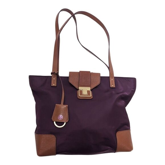 Tory Burch Purple Nylon Brown Leather Trim Double Handle Satchel Shoulder Bag - Picture 1 of 10